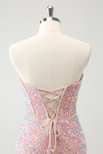 Sparkly Strapless Light Pink Tight Short Graduation Dress with Sequins