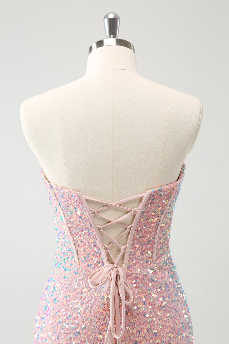 Load image into Gallery viewer, Sparkly Strapless Light Pink Tight Short Graduation Dress with Sequins