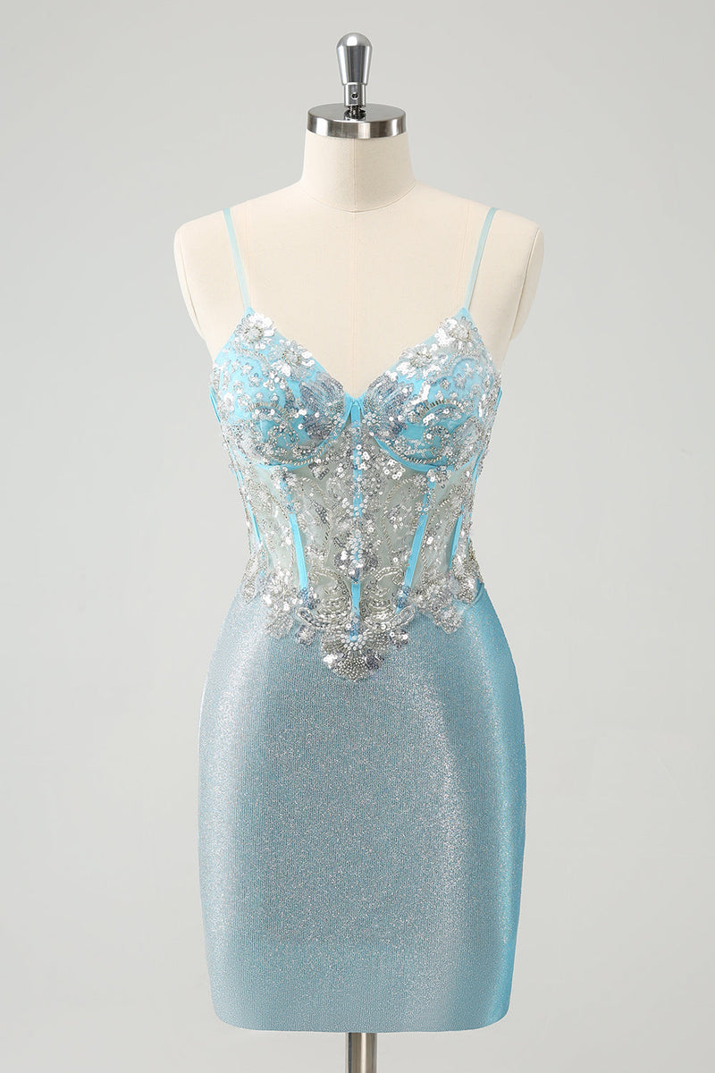 Load image into Gallery viewer, Light Blue Spaghetti Straps Tight Corset Short Graduation Dress with Sequins