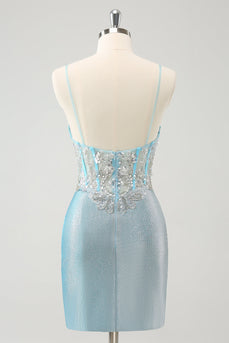 Light Blue Spaghetti Straps Tight Corset Short Graduation Dress with Sequins