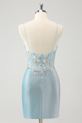 Light Blue Spaghetti Straps Tight Corset Short Graduation Dress with Sequins