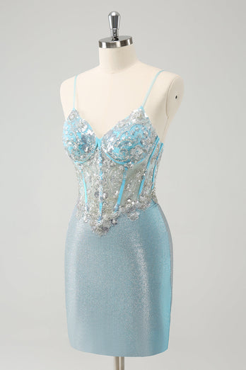 Light Blue Spaghetti Straps Tight Corset Short Graduation Dress with Sequins