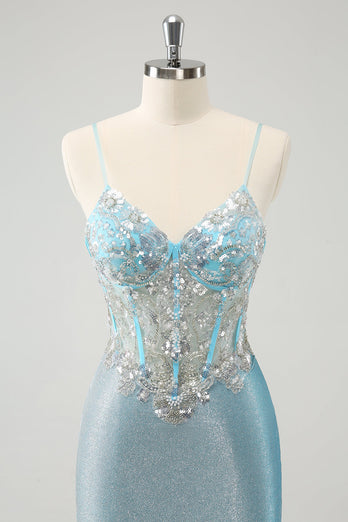 Light Blue Spaghetti Straps Tight Corset Short Graduation Dress with Sequins