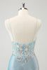 Load image into Gallery viewer, Light Blue Spaghetti Straps Tight Corset Short Graduation Dress with Sequins