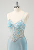 Load image into Gallery viewer, Light Blue Spaghetti Straps Tight Corset Short Graduation Dress with Sequins