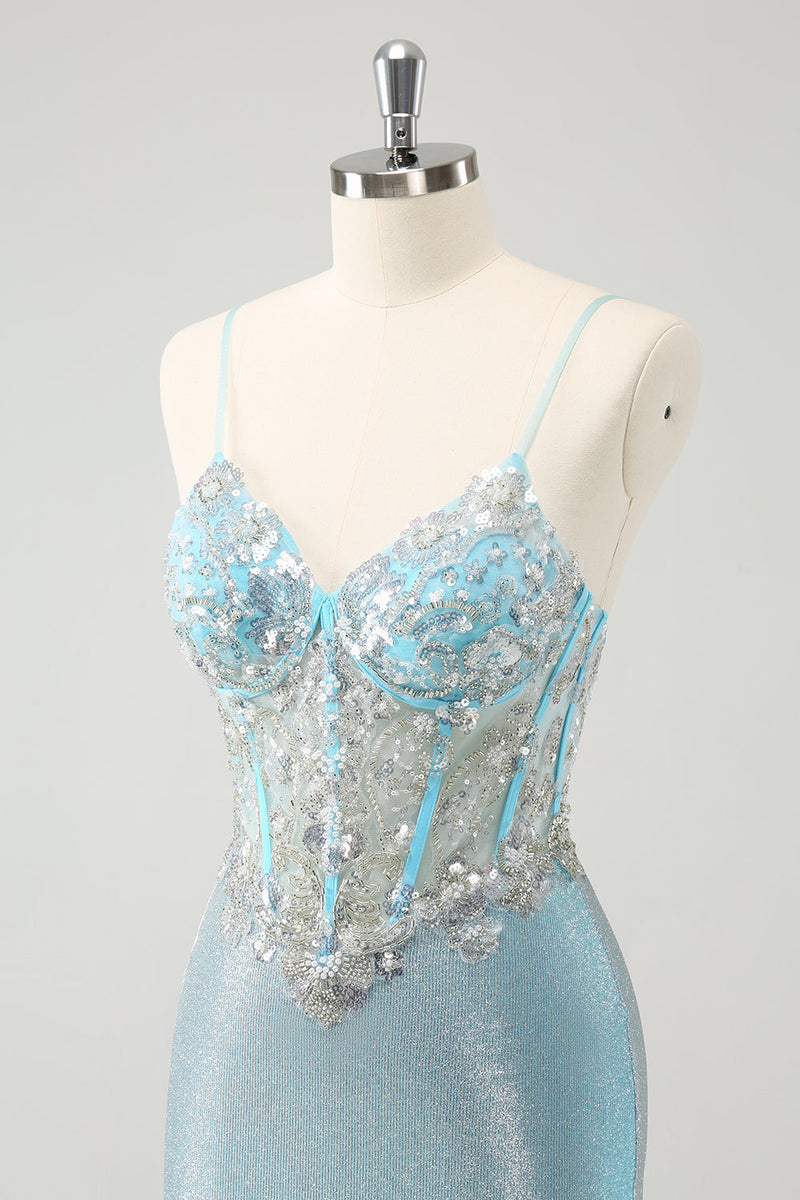 Load image into Gallery viewer, Light Blue Spaghetti Straps Tight Corset Short Graduation Dress with Sequins