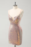 Sparkly Blush Spaghetti Straps Tight Short Graduation Dress with Lace-Up Back