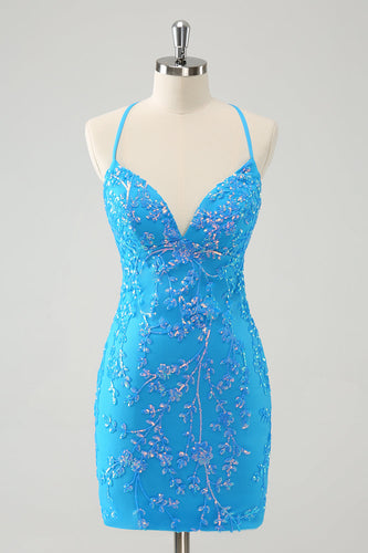 Sparkly Sky Blue Tight Short Graduation Dress with Lace-Up Back