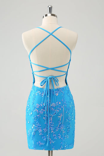 Sparkly Sky Blue Tight Short Graduation Dress with Lace-Up Back