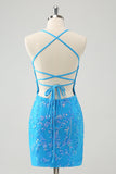 Sparkly Sky Blue Tight Short Graduation Dress with Lace-Up Back