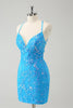 Load image into Gallery viewer, Sparkly Sky Blue Tight Short Graduation Dress with Lace-Up Back