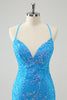 Load image into Gallery viewer, Sparkly Sky Blue Tight Short Graduation Dress with Lace-Up Back