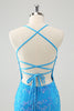 Load image into Gallery viewer, Sparkly Sky Blue Tight Short Graduation Dress with Lace-Up Back