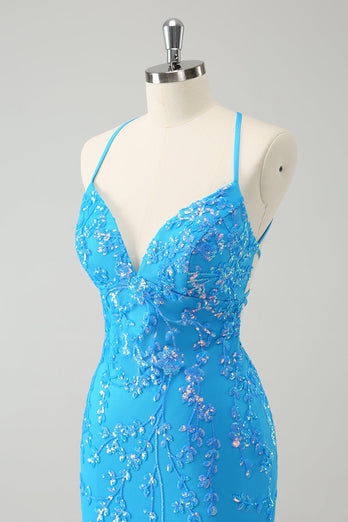 Sparkly Sky Blue Tight Short Graduation Dress with Lace-Up Back