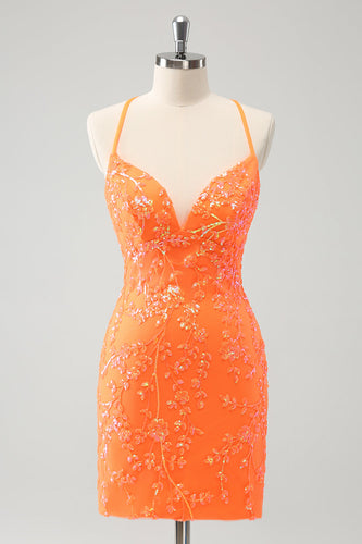 Sparkly Orange Lace-Up Back Tight Short Graduation Dress with Sequins