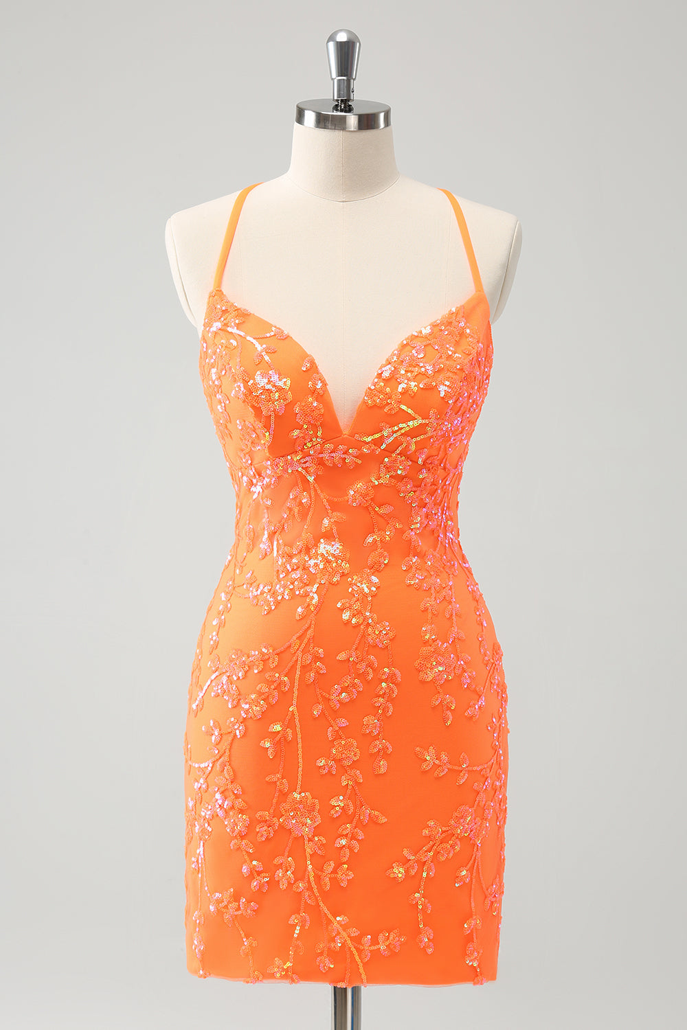 Sparkly Orange Lace-Up Back Tight Short Graduation Dress with Sequins