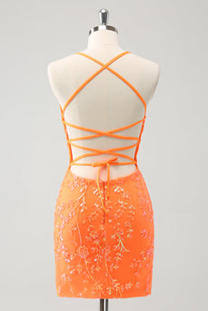 Sparkly Orange Lace-Up Back Tight Short Graduation Dress with Sequins