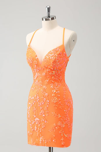 Sparkly Orange Lace-Up Back Tight Short Graduation Dress with Sequins