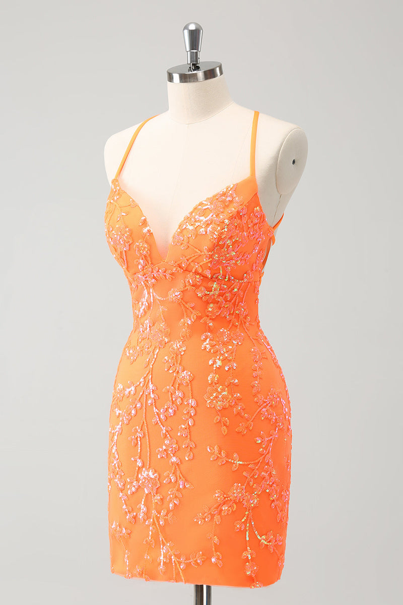 Load image into Gallery viewer, Sparkly Orange Lace-Up Back Tight Short Graduation Dress with Sequins