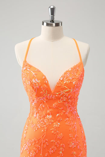 Sparkly Orange Lace-Up Back Tight Short Graduation Dress with Sequins