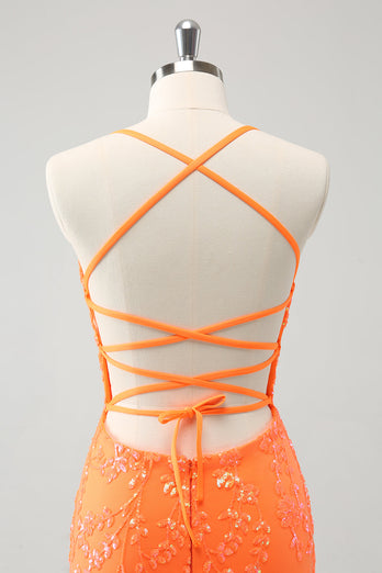 Sparkly Orange Lace-Up Back Tight Short Graduation Dress with Sequins