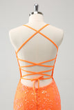 Sparkly Orange Lace-Up Back Tight Short Graduation Dress with Sequins