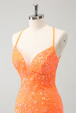 Sparkly Orange Lace-Up Back Tight Short Graduation Dress with Sequins