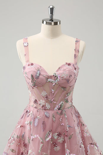 Blush A-Line Spaghetti Straps Short Corset Graduation Dress with Beading