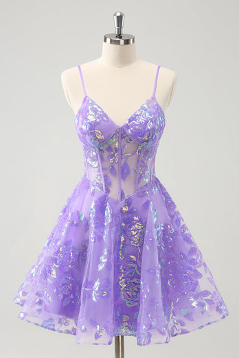 Sparkly Lilac A Line Spaghetti Straps Sequins Corset Graduation Dress