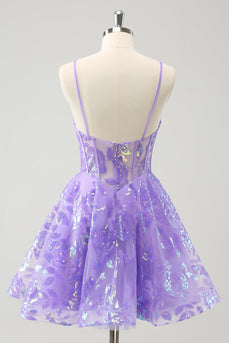 Sparkly Lilac A Line Spaghetti Straps Sequins Corset Graduation Dress