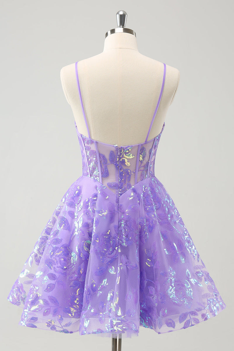 Load image into Gallery viewer, Sparkly Lilac A Line Spaghetti Straps Sequins Corset Graduation Dress