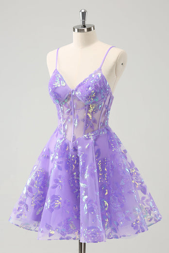 Sparkly Lilac A Line Spaghetti Straps Sequins Corset Graduation Dress