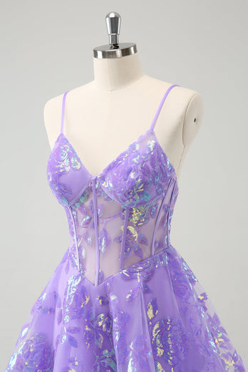 Sparkly Lilac A Line Spaghetti Straps Sequins Corset Graduation Dress