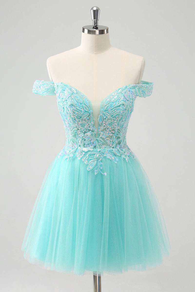 Load image into Gallery viewer, Sparkly Light Green A Line Off The Shoulder Short Graduation Dress