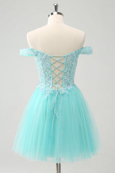 Sparkly Light Green A Line Off The Shoulder Short Graduation Dress