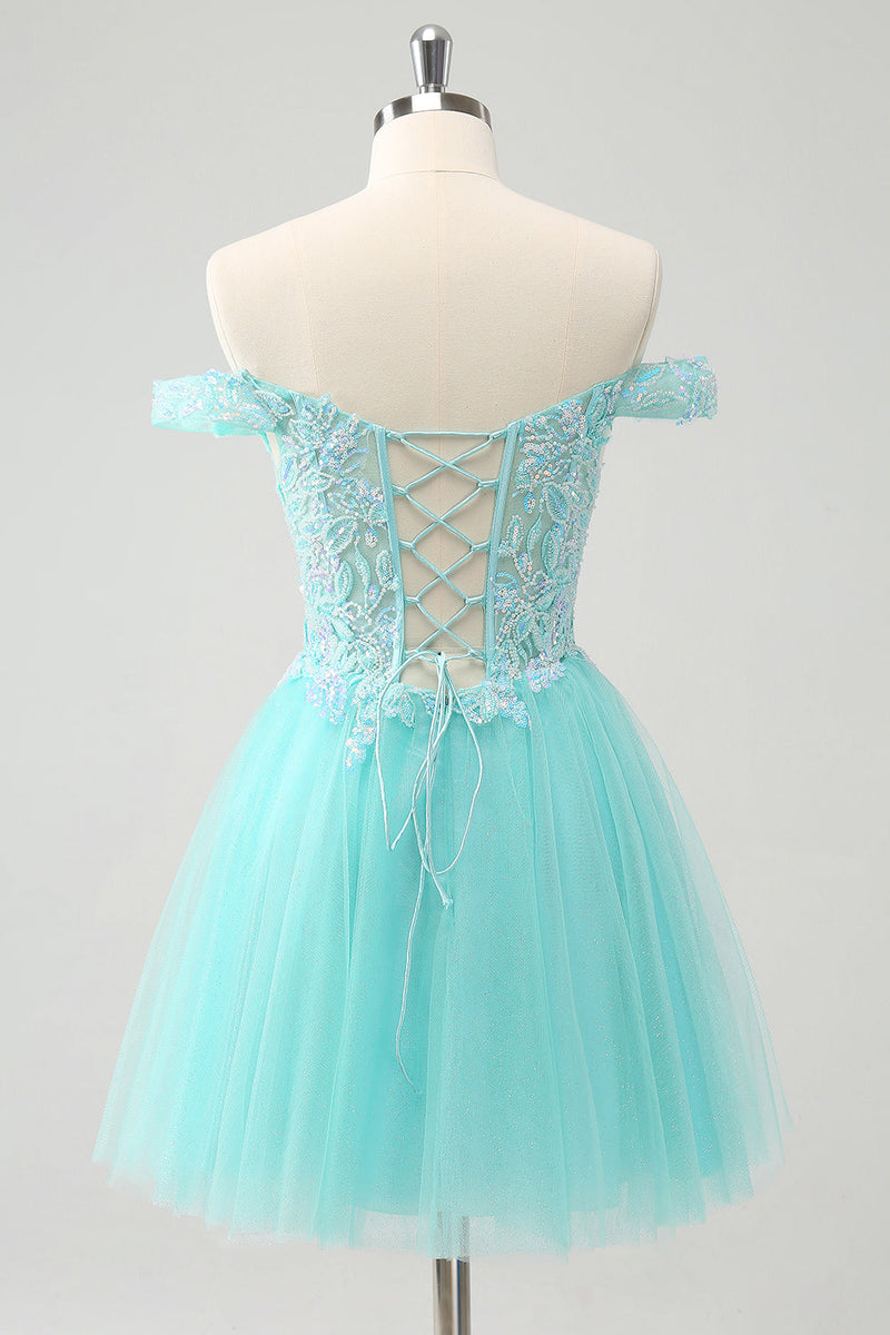 Load image into Gallery viewer, Sparkly Light Green A Line Off The Shoulder Short Graduation Dress