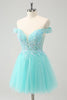 Load image into Gallery viewer, Sparkly Light Green A Line Off The Shoulder Short Graduation Dress