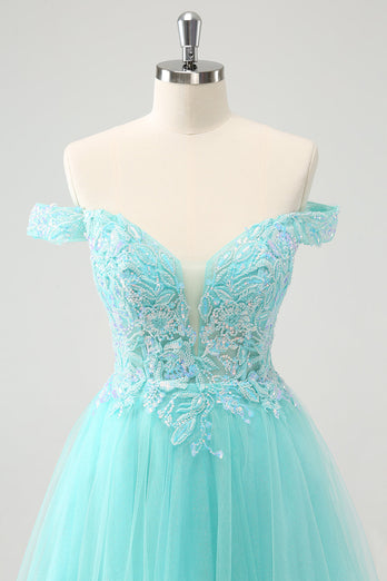 Sparkly Light Green A Line Off The Shoulder Short Graduation Dress