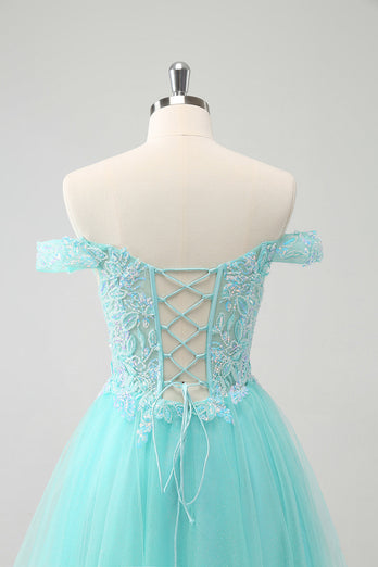 Sparkly Light Green A Line Off The Shoulder Short Graduation Dress