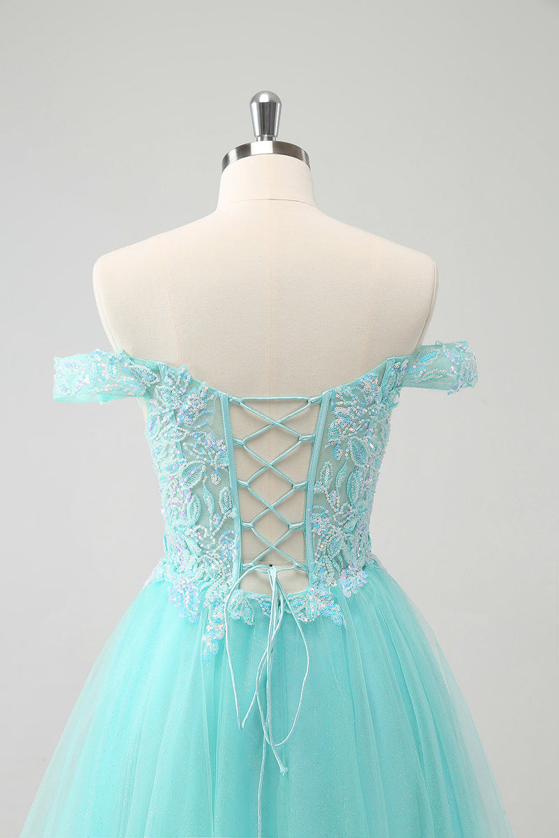 Load image into Gallery viewer, Sparkly Light Green A Line Off The Shoulder Short Graduation Dress