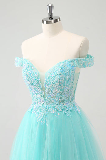 Sparkly Light Green A Line Off The Shoulder Short Graduation Dress