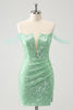 Load image into Gallery viewer, Sparkly Green Off the Shoulder Ruched Tight Graduation Dress with Sequins