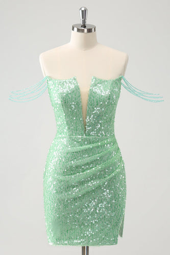 Sparkly Green Off the Shoulder Ruched Tight Graduation Dress with Sequins