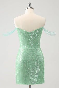 Sparkly Green Off the Shoulder Ruched Tight Graduation Dress with Sequins