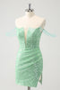 Load image into Gallery viewer, Sparkly Green Off the Shoulder Ruched Tight Graduation Dress with Sequins