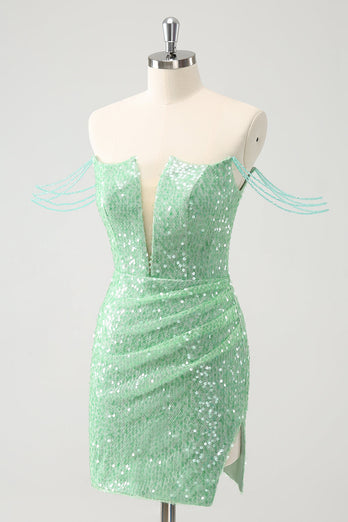 Sparkly Green Off the Shoulder Ruched Tight Graduation Dress with Sequins