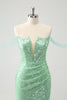 Load image into Gallery viewer, Sparkly Green Off the Shoulder Ruched Tight Graduation Dress with Sequins