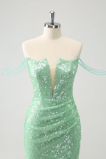 Sparkly Green Off the Shoulder Ruched Tight Graduation Dress with Sequins