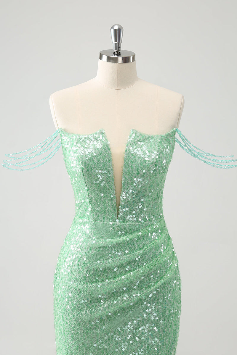 Load image into Gallery viewer, Sparkly Green Off the Shoulder Ruched Tight Graduation Dress with Sequins