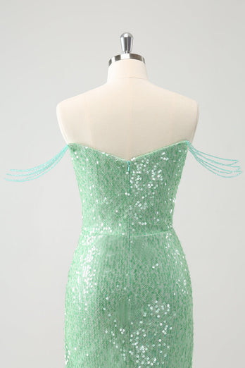 Sparkly Green Off the Shoulder Ruched Tight Graduation Dress with Sequins